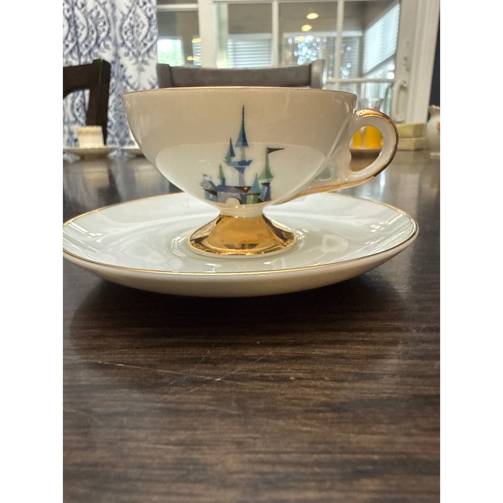 Vintage Disneyland Teacup Saucer Set Castle Tinker Bell Gold Trim Walt Disney‎